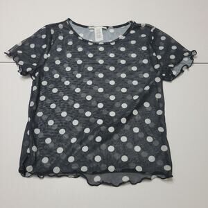 Caution To The Wind Shirt Women Large Blouse Black White Polka Dot Sheer Cropped
